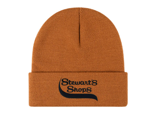 Brown beanie with 'Stewart's Shops' logo on a white background