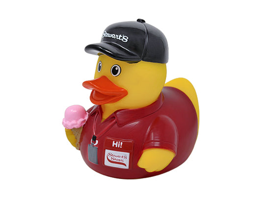 Stewart's Shops rubber duck wearing a black Stewart's cap and red employee shirt, holding a pink ice cream cone.