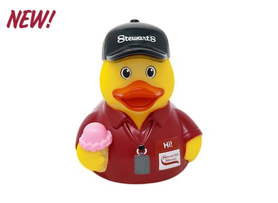 Stewart's Shops rubber duck wearing a black Stewart's cap and red employee shirt, holding a pink ice cream cone.