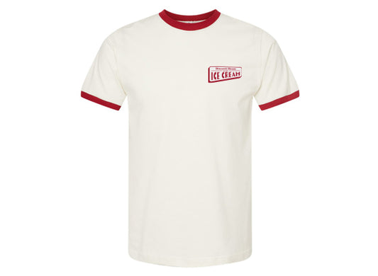 Cream-colored ringer T-shirt with red trim on the collar and sleeve cuffs. A small red-and-white “Ice Cream” logo graphic appears on the left chest.