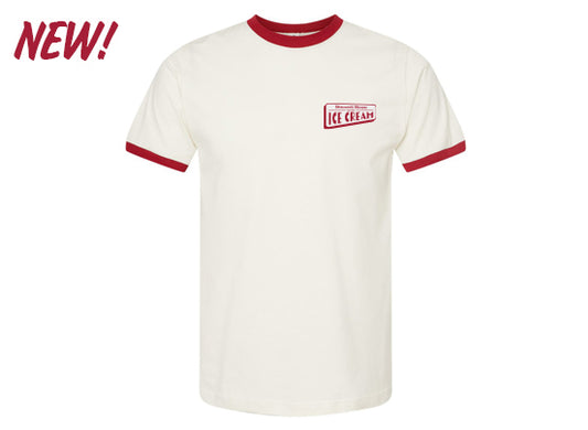 Vintage white colored ringer T-shirt with red trim on the collar and sleeve cuffs. A small red-and-white “Ice Cream” logo graphic appears on the left chest. The image also includes a red handwritten-style “NEW!” graphic in the top-left corner against a light gray background