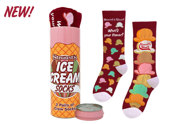New Stewart's Shops Ice Cream Socks gift set featuring two pairs of burgundy crew socks with colorful ice cream cone designs, packaged inside a collectible ice cream cone–themed can with a pink lid.