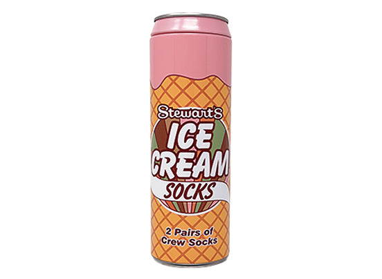 Collectible Stewart's Shops Ice Cream Socks can with a pink lid and waffle cone pattern, containing two pairs of crew socks. The front label reads "Stewart's Ice Cream Socks – 2 Pairs of Crew Socks."