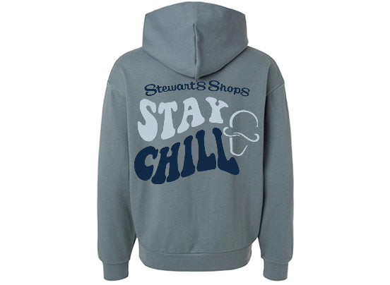 Blue hoodie with 'Stewart's Shops Stay Chill' text on the back against a white background
