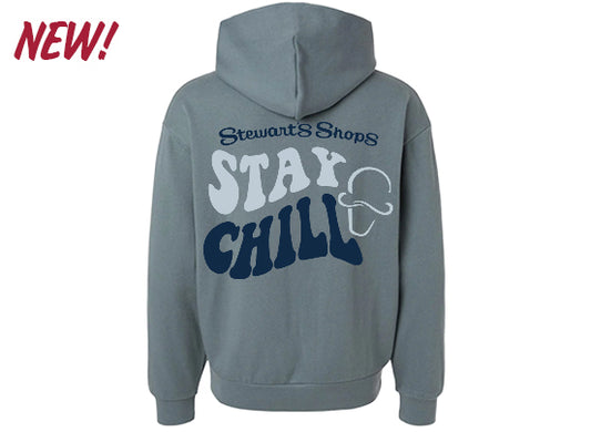 Blue hoodie with 'Stewart's Shops Stay Chill' text on the back, on a white background.