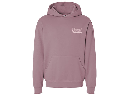 Mauve hoodie with a logo on the chest against a white background