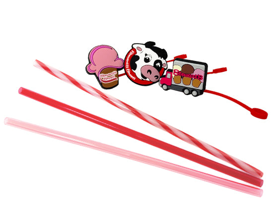 Red straws with a cartoon cow and ice cream truck on a white background