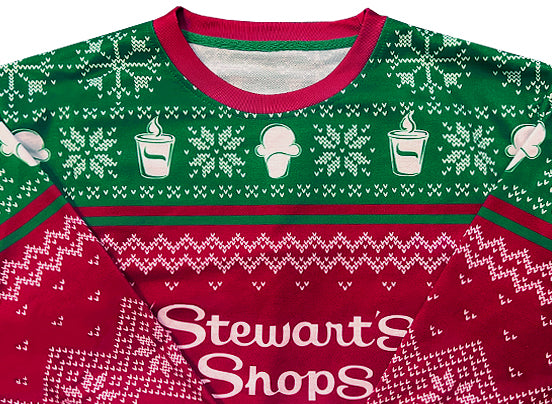 Stewart's Shops ugly Christmas sweater sweatshirt with coffee cup and ice cream cone details. 