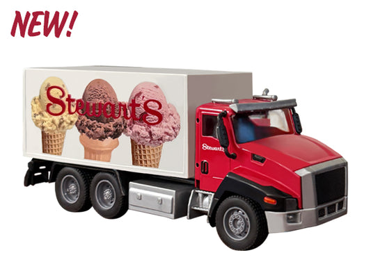 Model of a red ice cream truck with 'Stewart's' branding and ice cream cones on a white background.