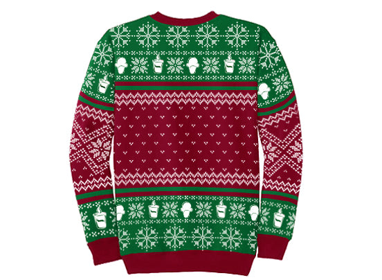 the back of the Stewart's Shops ugly Christmas sweater sweatshirt with coffee cup and ice cream cone details. 