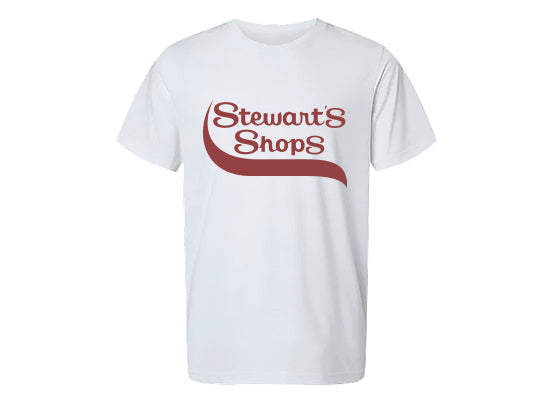 White t-shirt with 'Stewart's Shops' logo on a white background