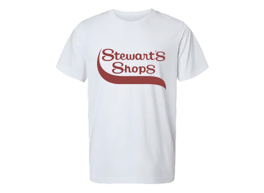 White t-shirt with 'Stewart's Shops' logo on a white background