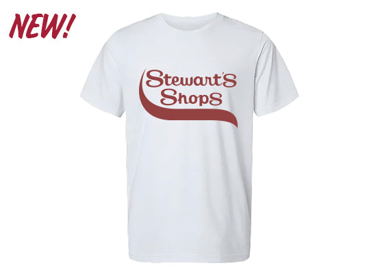 White t-shirt with 'Stewart's Shops' logo on a white background
