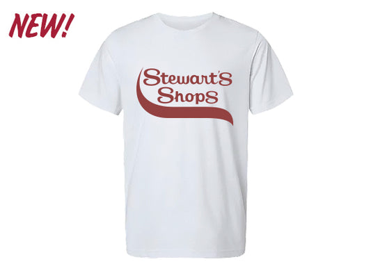 White t-shirt with 'Stewart's Shops' logo on a white background