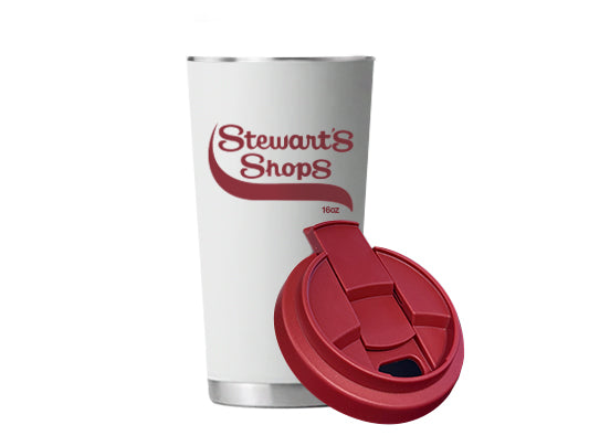 White tumbler with red lid and 'Stewart's Shops' logo on a white background
