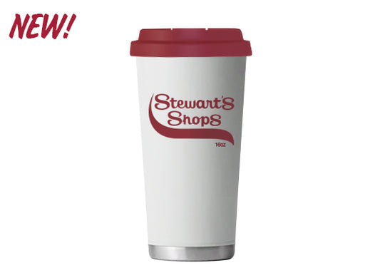 White tumbler with red lid and 'Stewart's Shops' logo on a white background