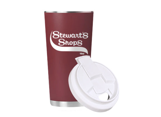 Maroon tumbler with white lid featuring 'Stewart's Shops' logo on a white background