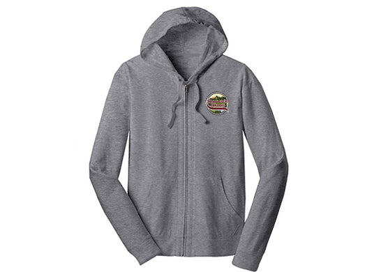Gray zip-up hoodie with a hood and drawstrings, featuring an embroidered Stewart’s Shops logo on the left chest. The hoodie is displayed on a plain white background without a model.
