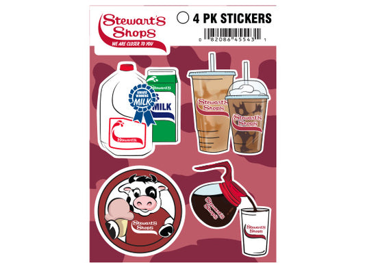 Stewart's Shops 4-pack stickers with milk carton, drink cups, and cow illustration on a red background.
