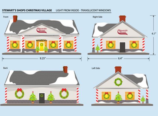 Illustration of Stewart's Shops Christmas Village with dimensions on a light blue background