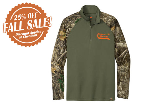 Green and camouflage long-sleeve shirt with a discount badge on a white background