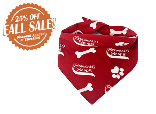Red bandana with white patterns and 'Stewart's Shops' branding, with a fall sale badge on a white background.