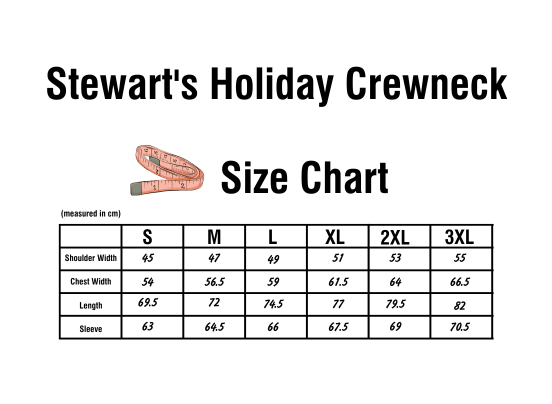 Size chart for the ugly Christmas sweater sweatshirt from Stewart's Shops. 