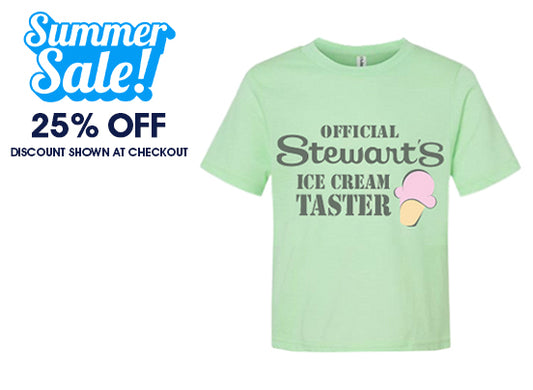 The text reads summer sale. 25% off discount shown at checkout. The shirt is green with official stewart's ice cream taster on it with a pink ice cream cone. 
