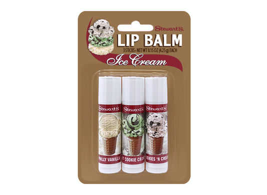 Three-pack of Stewart’s Shops ice cream–themed lip balm, with tubes labeled Philly Vanilla, Cookie Crumbs, and Cookies ’n Cream in a brown blister package.