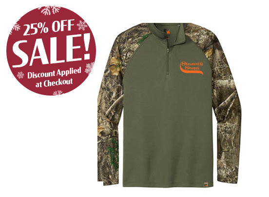 Green and camouflage long-sleeve shirt with a discount offer on a white background