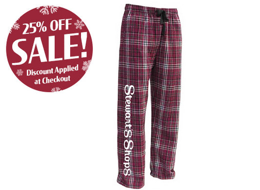 Plaid pajama pants with a discount label on a white background