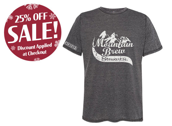Gray t-shirt with 'Mountain Brew Stewart's' logo and a sale badge on a white background