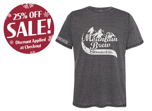Gray t-shirt with 'Mountain Brew Stewart's' logo and a sale badge on a white background