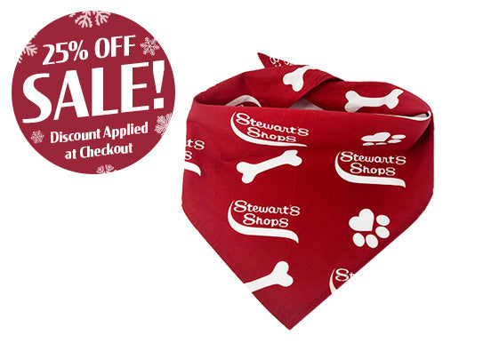 Red bandana with white patterns and text, featuring a sale badge on the left.