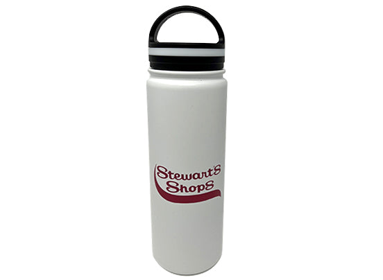 White water bottle with a black lid. Burgundy Stewarts shops logo.