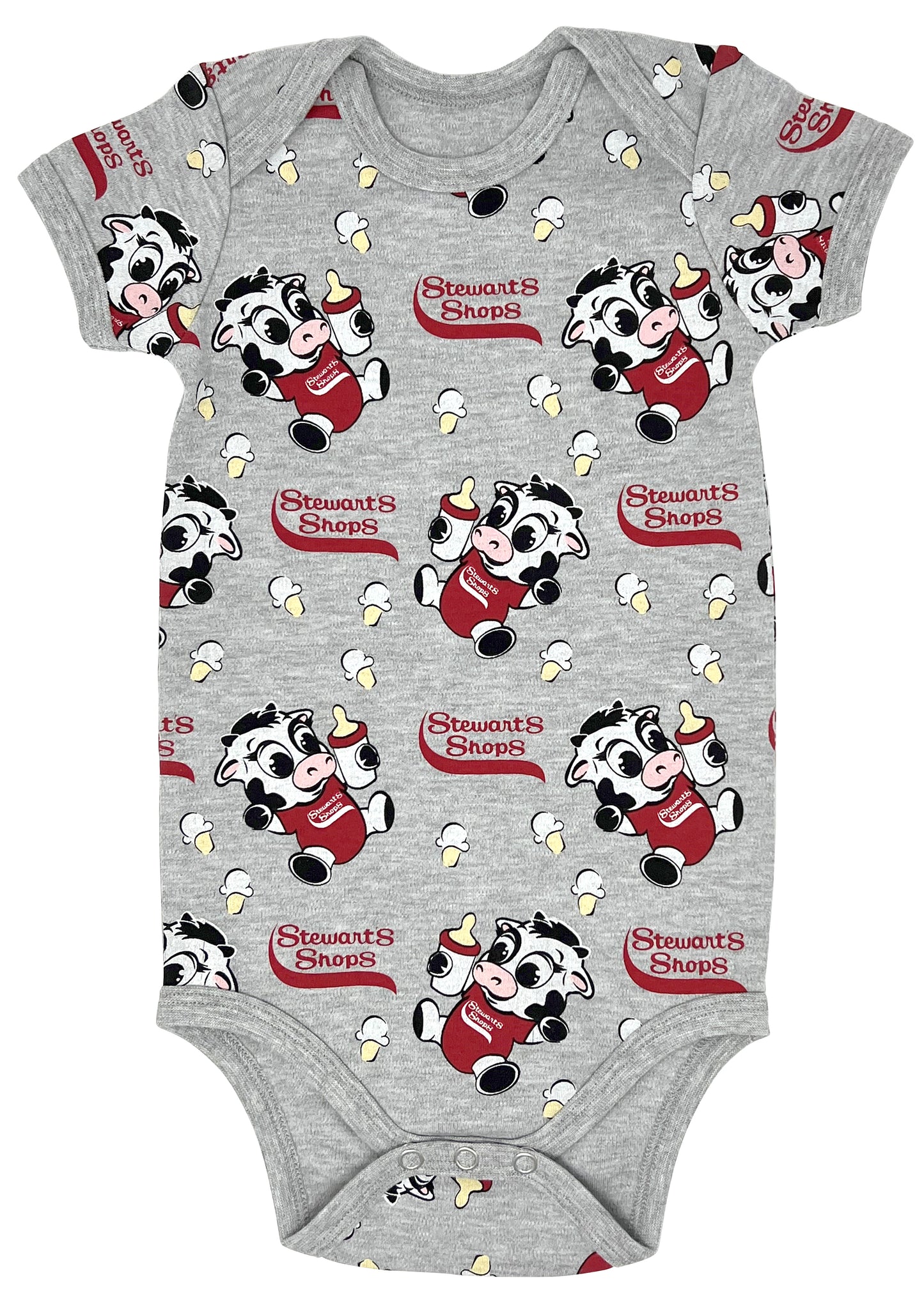 Short Sleeved baby bodysuit with the Stewarts Shop logo, baby cows holding a bottle, and ice cream cones 