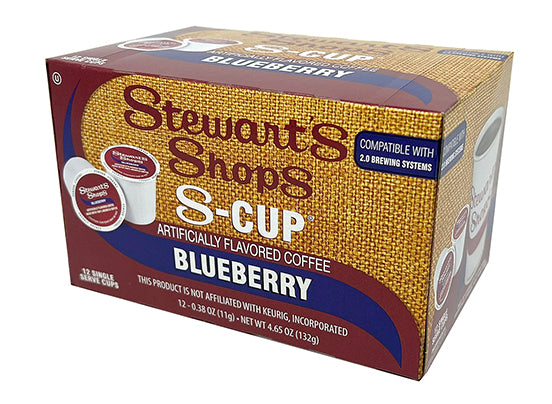 A box of Stewarts brand single serve coffee pods flavored blueberry