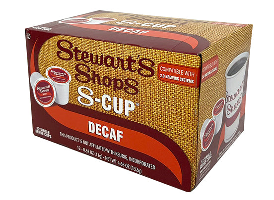 A box of Stewarts brand single serve coffee pods in decaf
