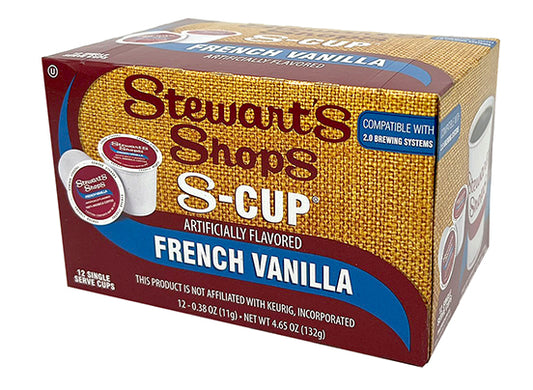 A box of Stewarts brand single serve coffee pods flavored French Vanilla
