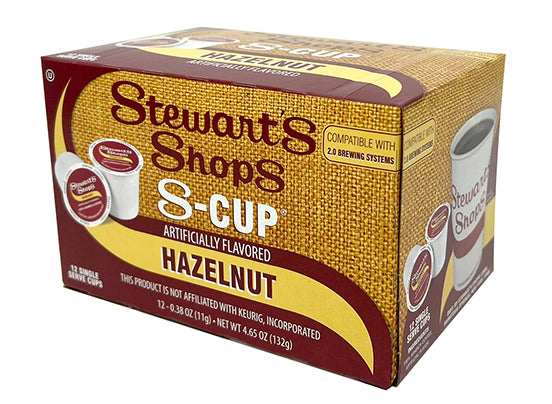 A box of Stewarts brand single serve coffee pods Hazelnut flavored