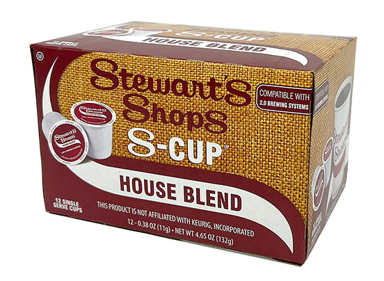 A box of Stewarts brand single serve coffee pods house blend